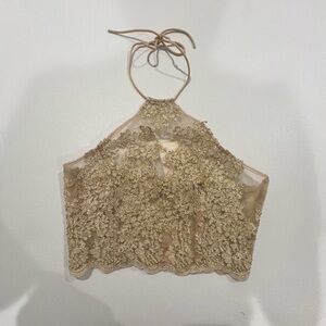 Simplee Elegant Lace Gold Halter Top S